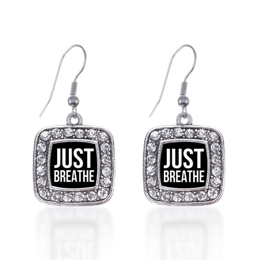 Silver Just Breathe Black Square Charm Dangle Earrings