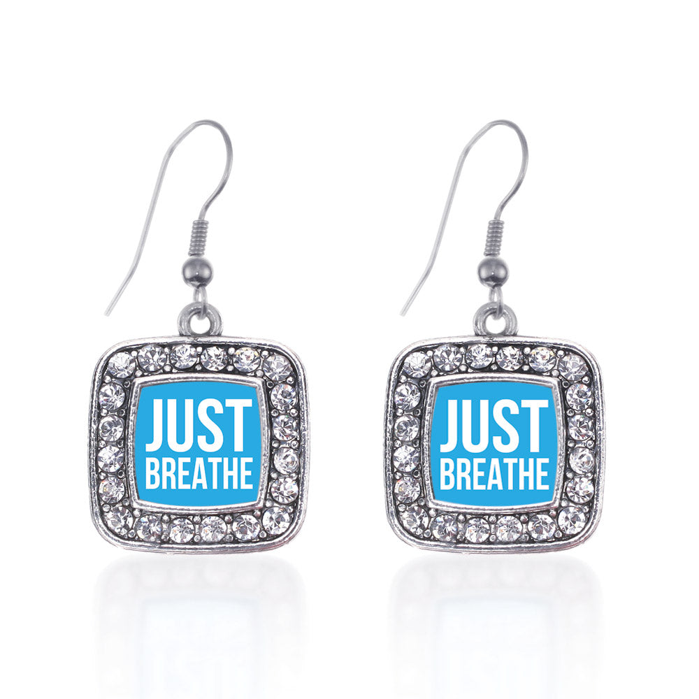 Silver Just Breathe Square Charm Dangle Earrings