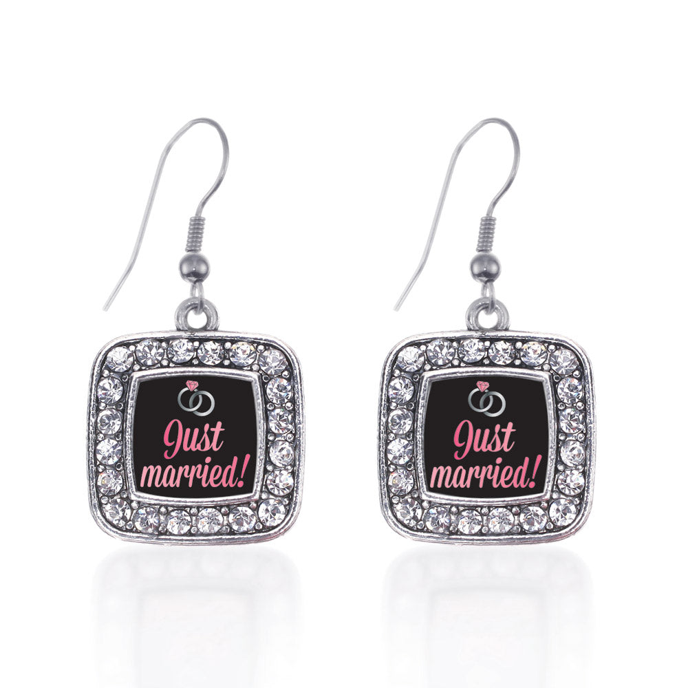 Silver Just Married Square Charm Dangle Earrings