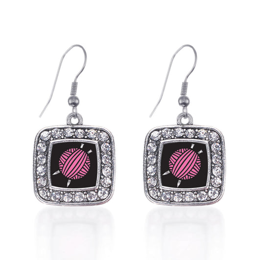 Silver Knitting Needles Square Charm Dangle Earrings