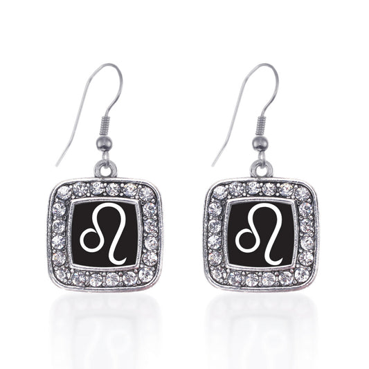 Silver Leo Zodiac Square Charm Dangle Earrings