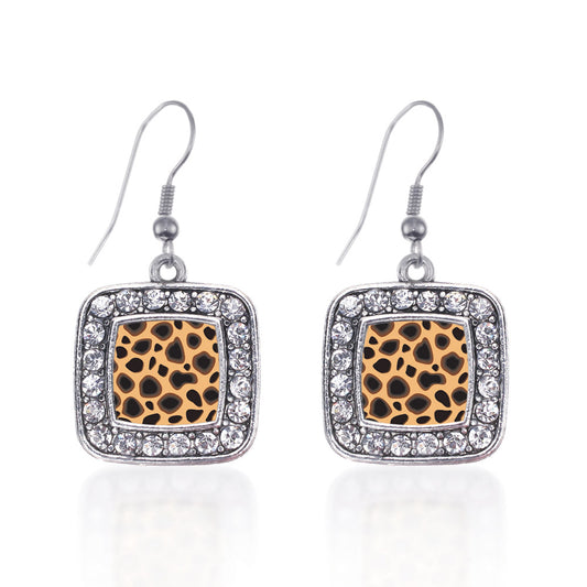Silver Leopard Print Square Charm Dangle Earrings