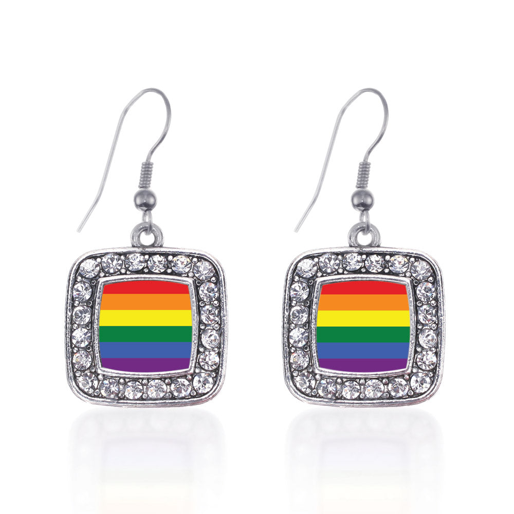 Silver LGBT Pride Square Charm Dangle Earrings