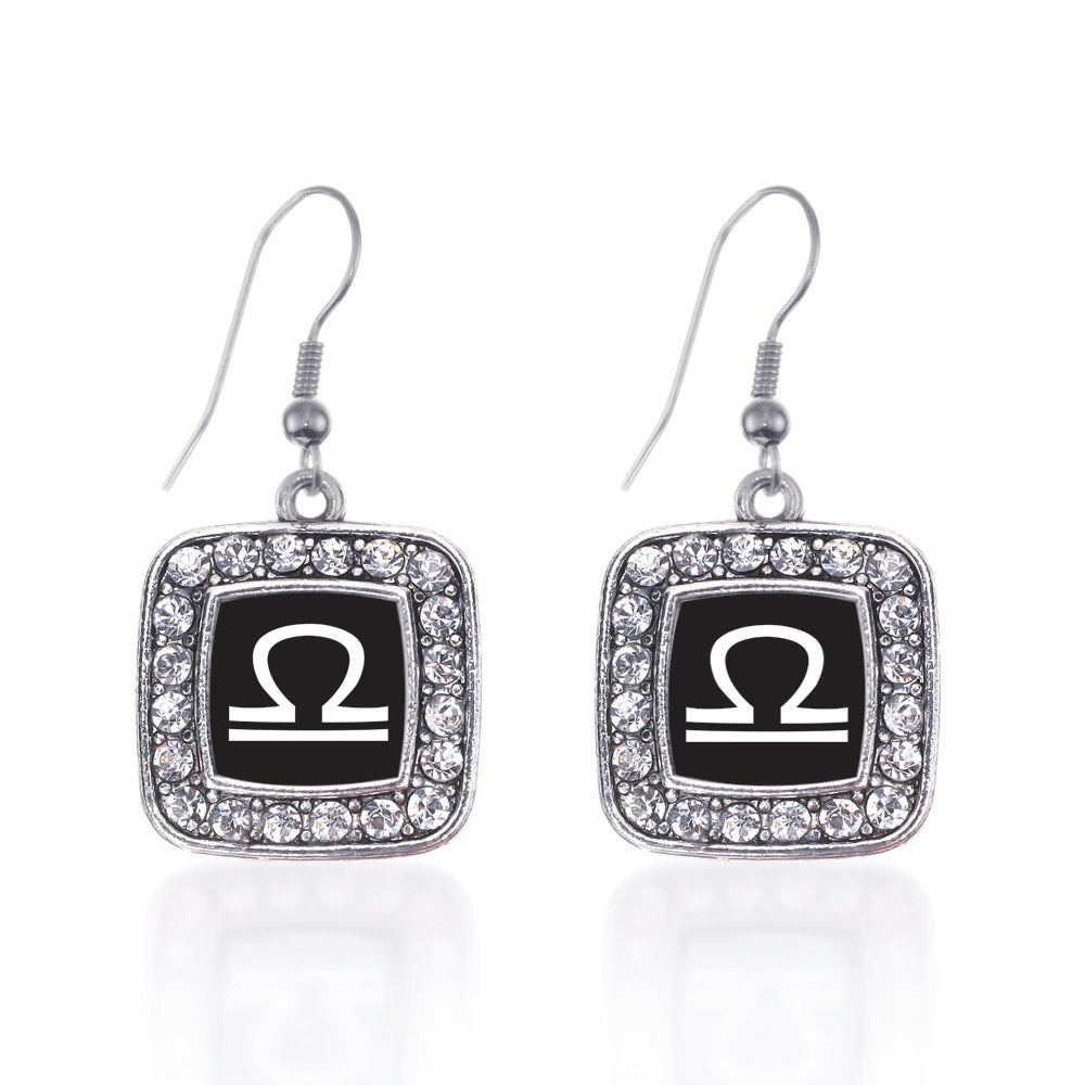Silver Libra Zodiac Square Charm Dangle Earrings