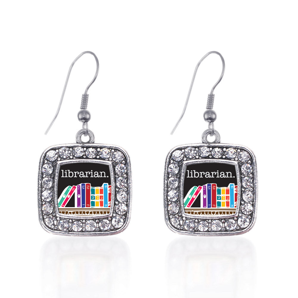 Silver Librarian Square Charm Dangle Earrings