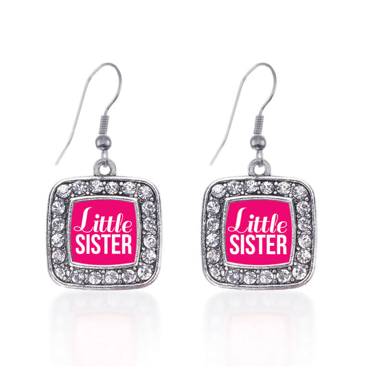 Silver Little Sister Square Charm Dangle Earrings