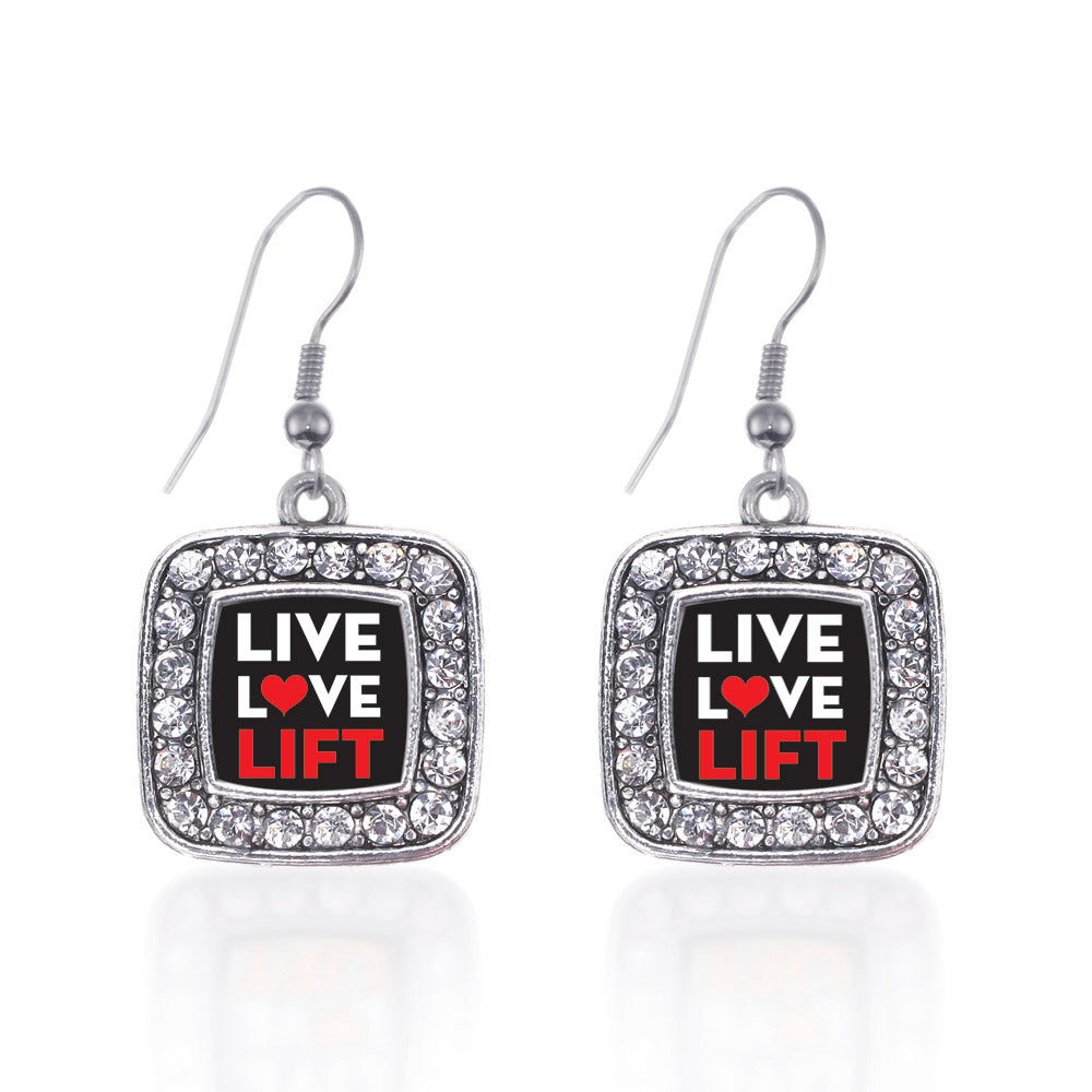 Silver Live, Love, Lift Square Charm Dangle Earrings