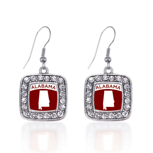 Silver Alabama Outline Square Charm Dangle Earrings