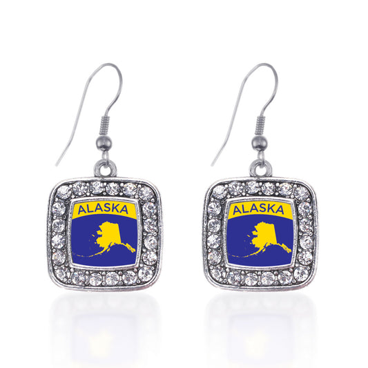 Silver Alaska Outline Square Charm Dangle Earrings