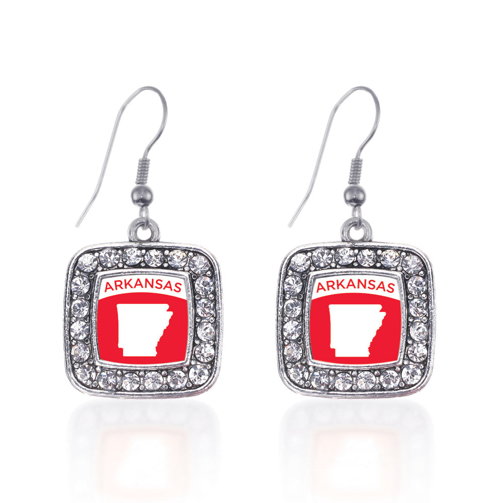 Silver Arkansas Outline Square Charm Dangle Earrings