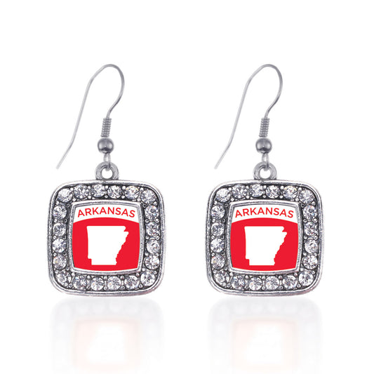 Silver Arkansas Outline Square Charm Dangle Earrings