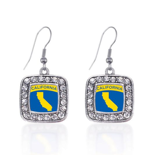 Silver California Outline Square Charm Dangle Earrings