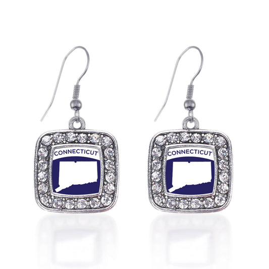 Silver Connecticut Outline Square Charm Dangle Earrings