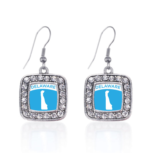 Silver Delaware Outline Square Charm Dangle Earrings