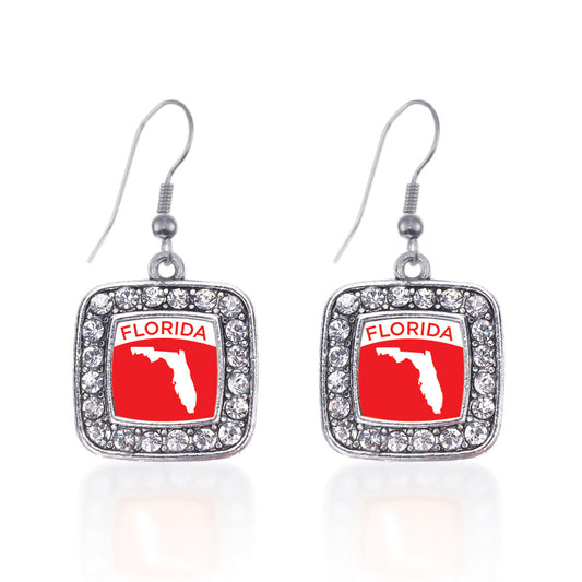 Silver Florida Outline Square Charm Dangle Earrings