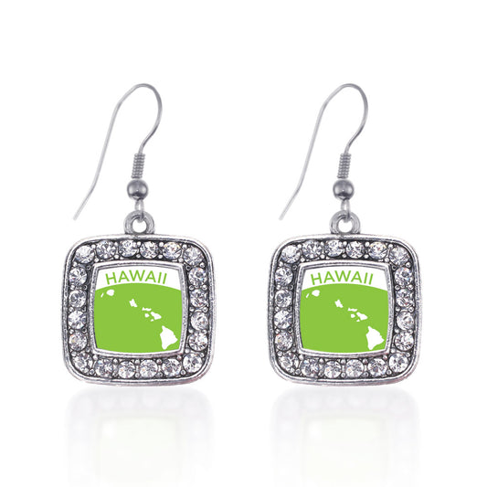 Silver Hawaii Outline Square Charm Dangle Earrings