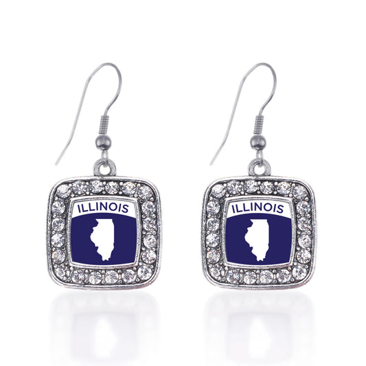 Silver Illinois Outline Square Charm Dangle Earrings