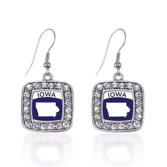 Silver Iowa Outline Square Charm Dangle Earrings
