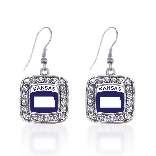 Silver Kansas Outline Square Charm Dangle Earrings