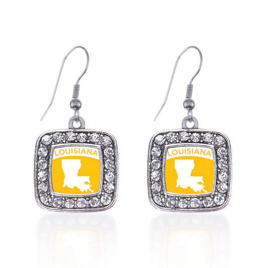 Silver Louisiana Outline Square Charm Dangle Earrings