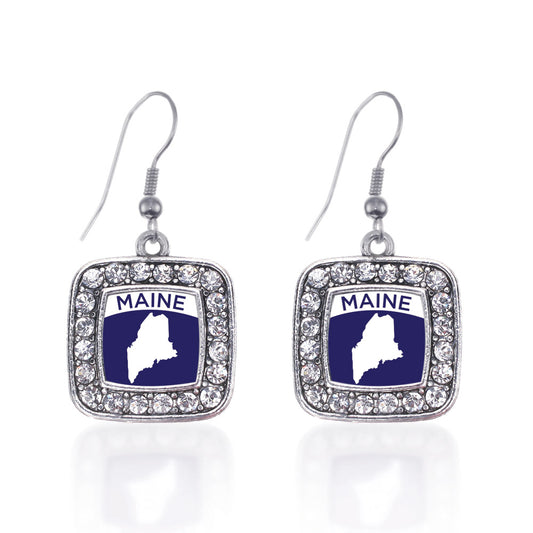 Silver Maine Outline Square Charm Dangle Earrings
