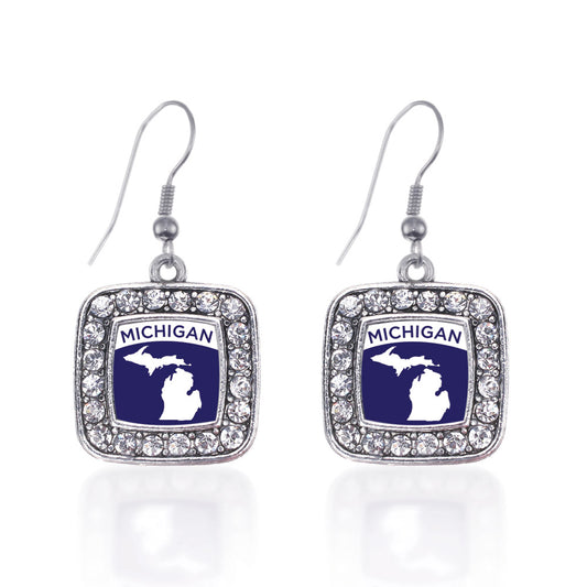 Silver Michigan Outline Square Charm Dangle Earrings