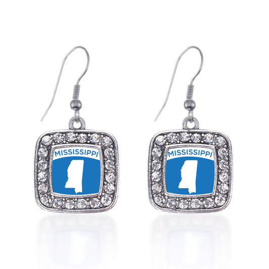 Silver Mississippi Outline Square Charm Dangle Earrings