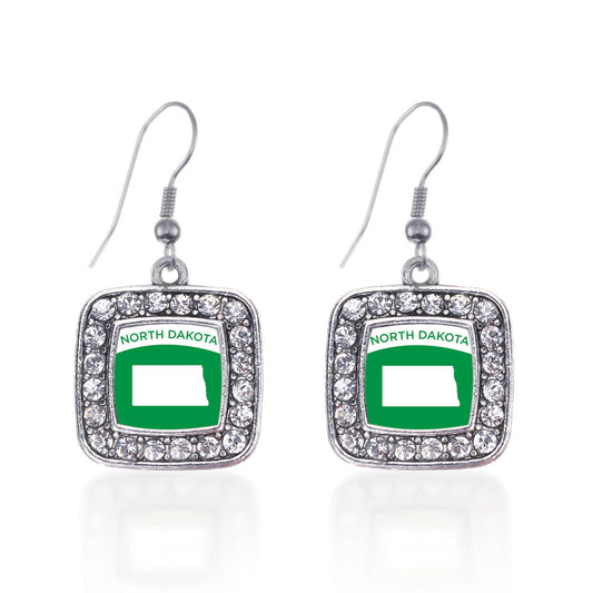 Silver North Dakota Outline Square Charm Dangle Earrings
