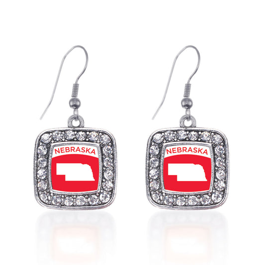 Silver Nebraska Outline Square Charm Dangle Earrings