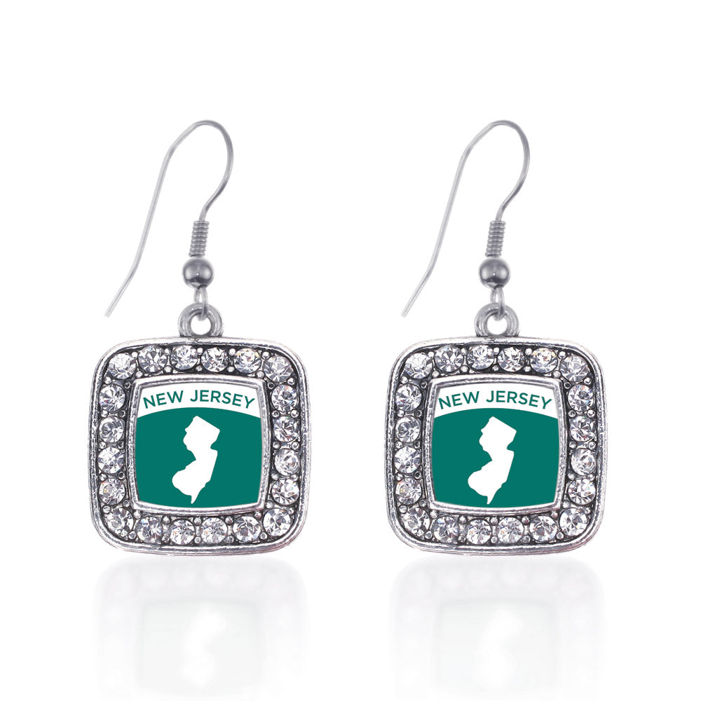 Silver New Jersey Outline Square Charm Dangle Earrings