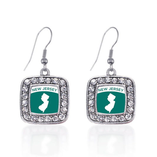 Silver New Jersey Outline Square Charm Dangle Earrings