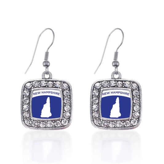 Silver New Hampshire Outline Square Charm Dangle Earrings