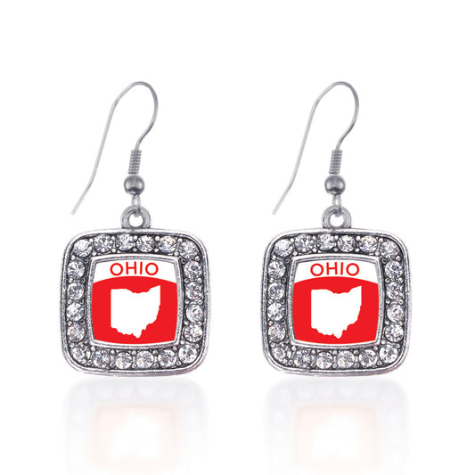 Silver Ohio Outline Square Charm Dangle Earrings