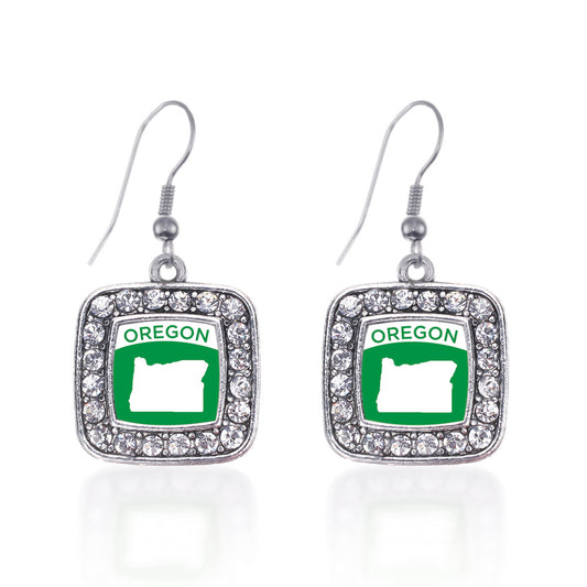 Silver Oregon Outline Square Charm Dangle Earrings