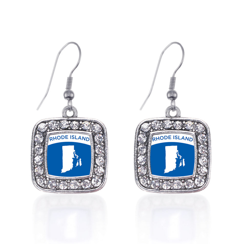Silver Rhode Island Outline Square Charm Dangle Earrings