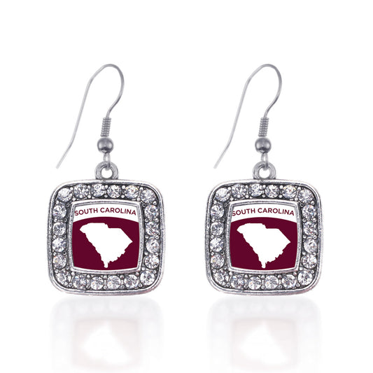 Silver South Carolina Outline Square Charm Dangle Earrings