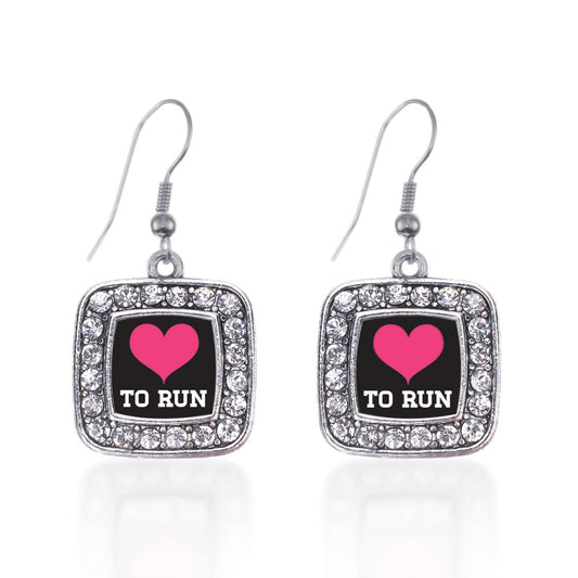 Silver Love To Run Square Charm Dangle Earrings