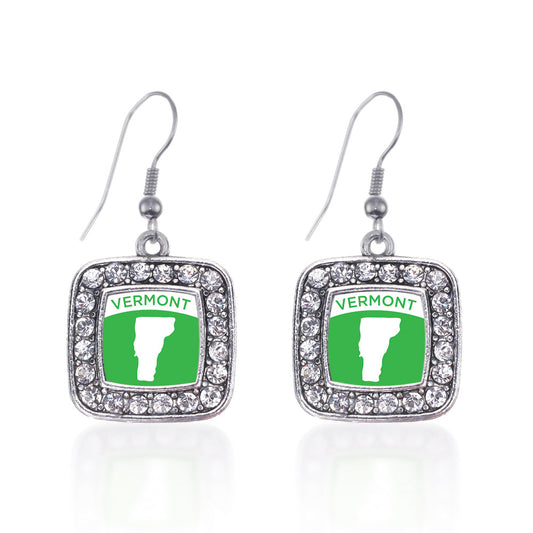 Silver Vermont Outline Square Charm Dangle Earrings