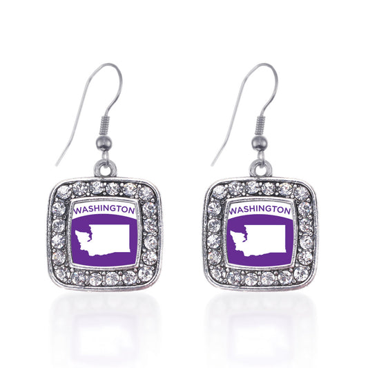 Silver Washington Outline Square Charm Dangle Earrings