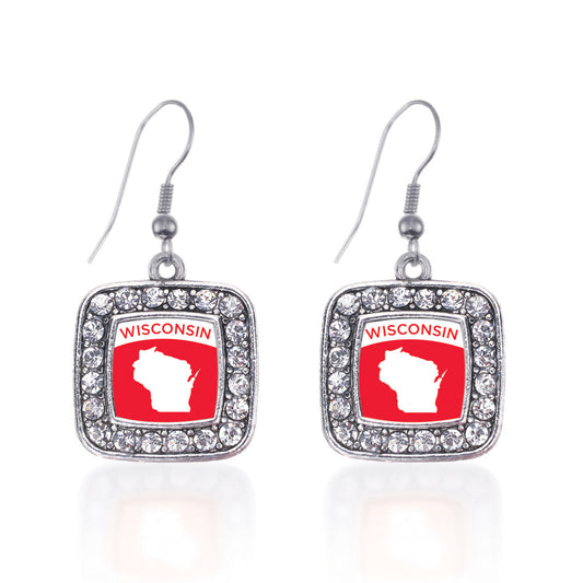Silver Wisconsin Outline Square Charm Dangle Earrings