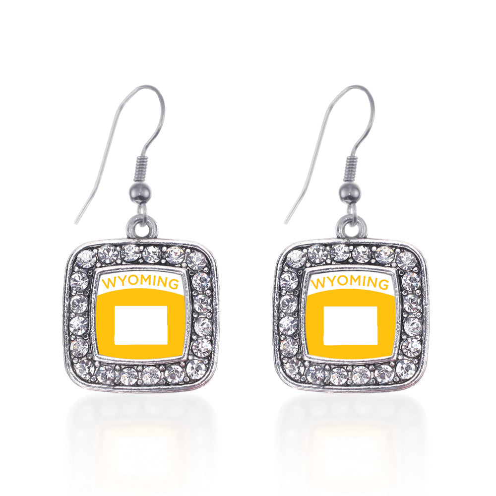 Silver Wyoming Outline Square Charm Dangle Earrings