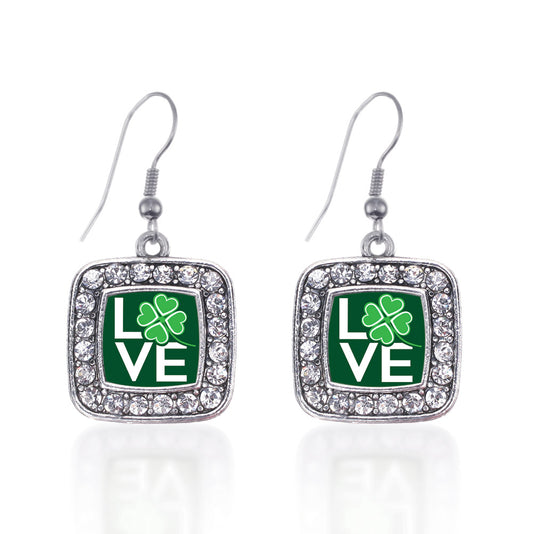 Silver Lucky Clover Of Love Square Charm Dangle Earrings