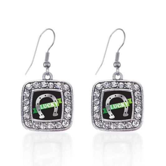 Silver Lucky Horse Shoe Square Charm Dangle Earrings