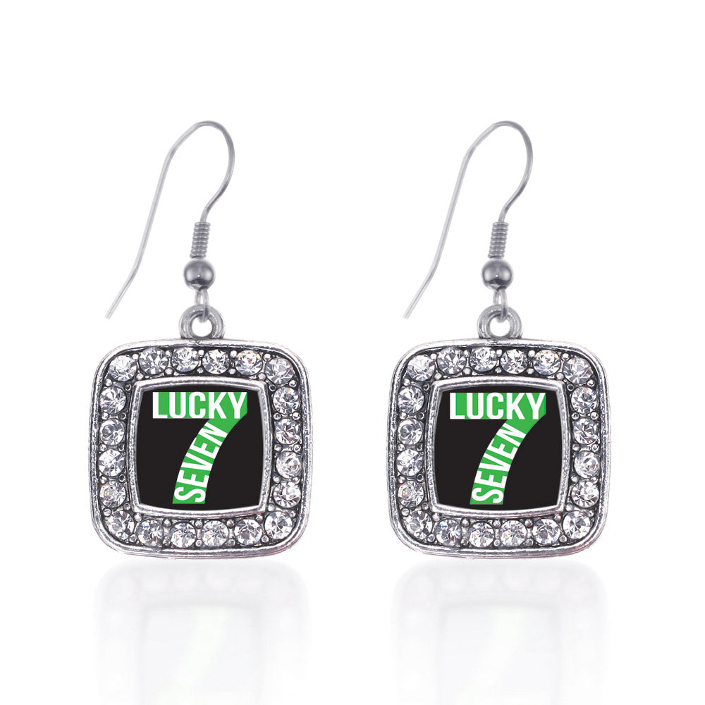 Silver Lucky Seven Square Charm Dangle Earrings