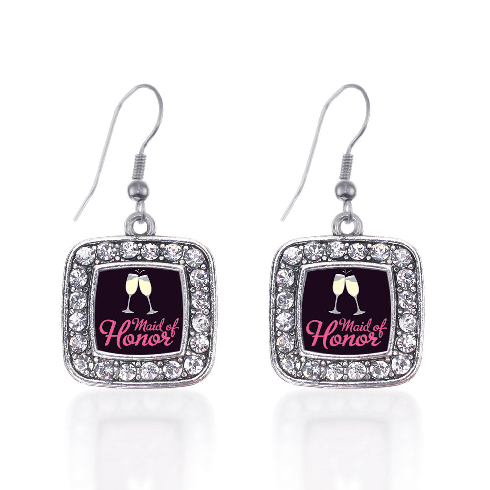 Silver Maid Of Honor Square Charm Dangle Earrings