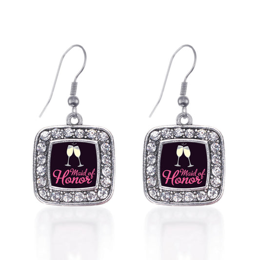 Silver Maid Of Honor Square Charm Dangle Earrings