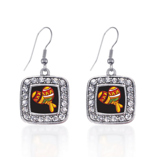 Silver Maracas Square Charm Dangle Earrings