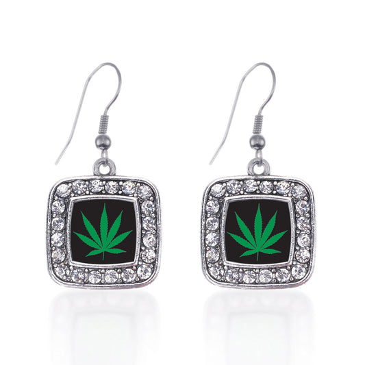 Silver Marijuana Leaf Square Charm Dangle Earrings