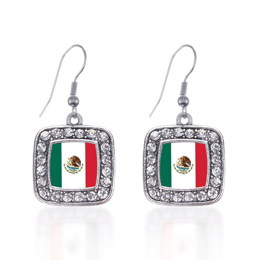 Silver Mexican Flag Square Charm Dangle Earrings