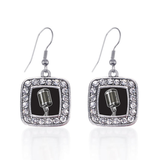 Silver Microphone Square Charm Dangle Earrings